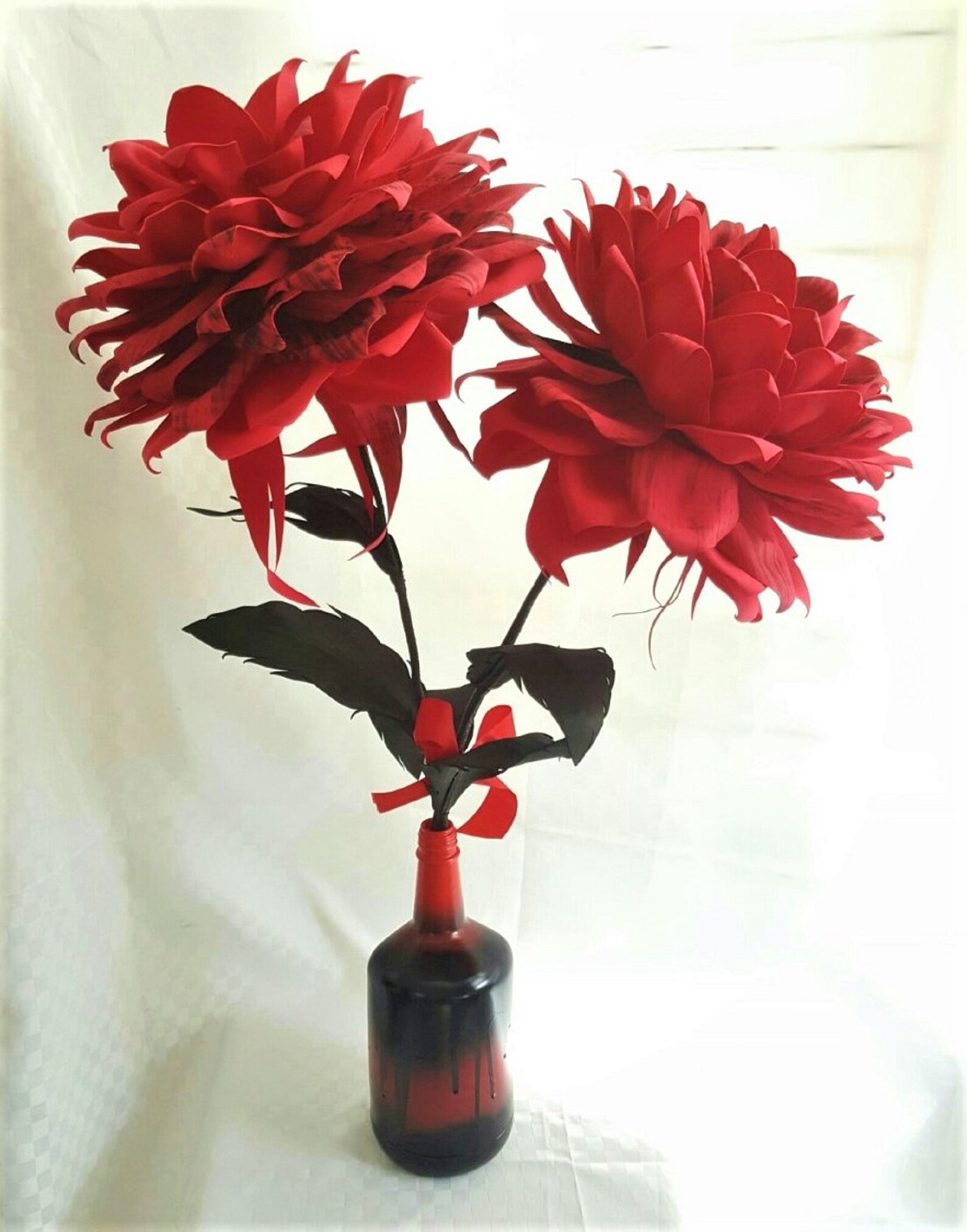 Large Two 10 in Diameter Foam Dahlia Flowers on Stem in a Handmaid Vase ...