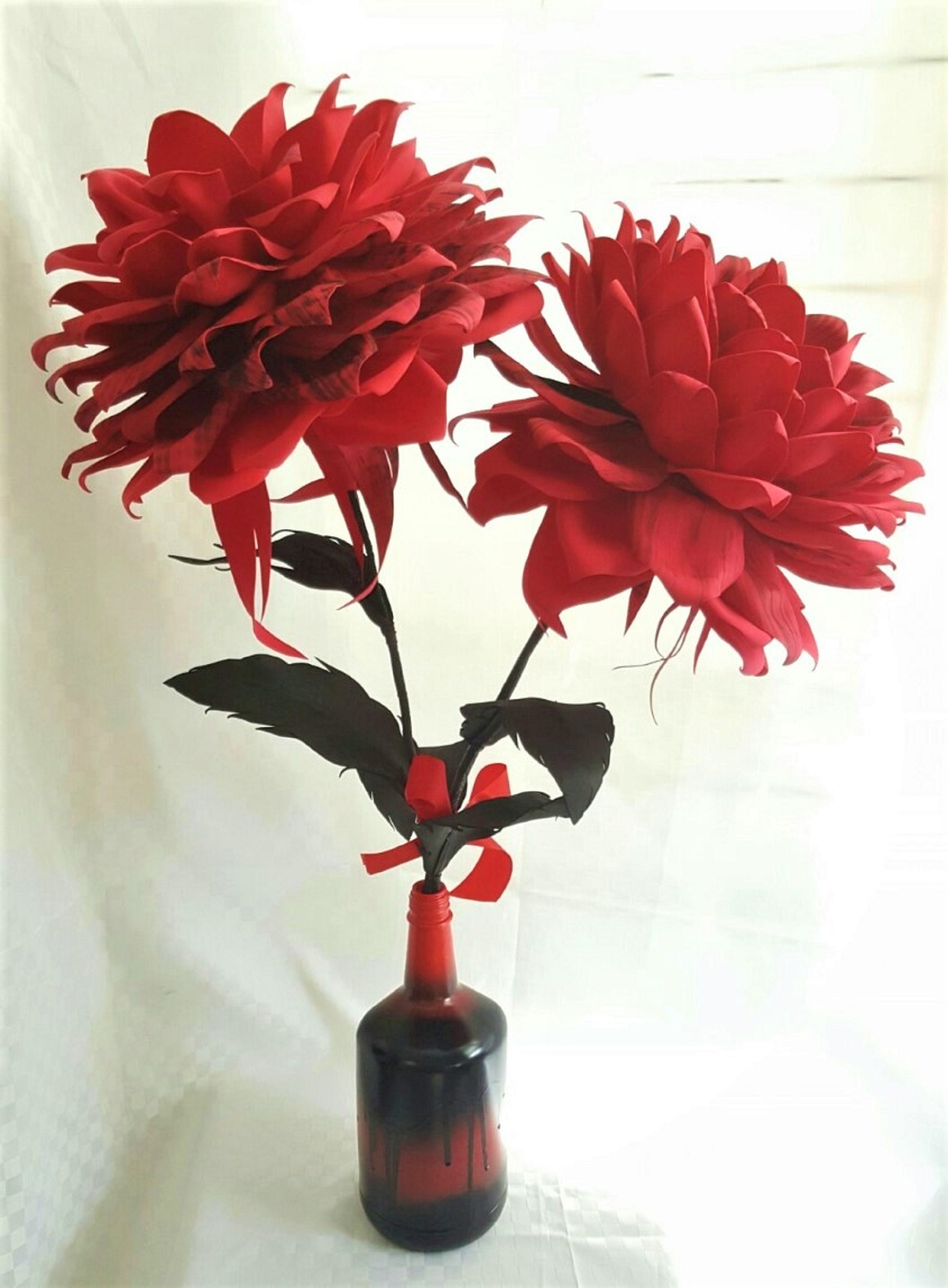 Large Two 10 in Diameter Foam Dahlia Flowers on Stem in a Handmaid Vase ...