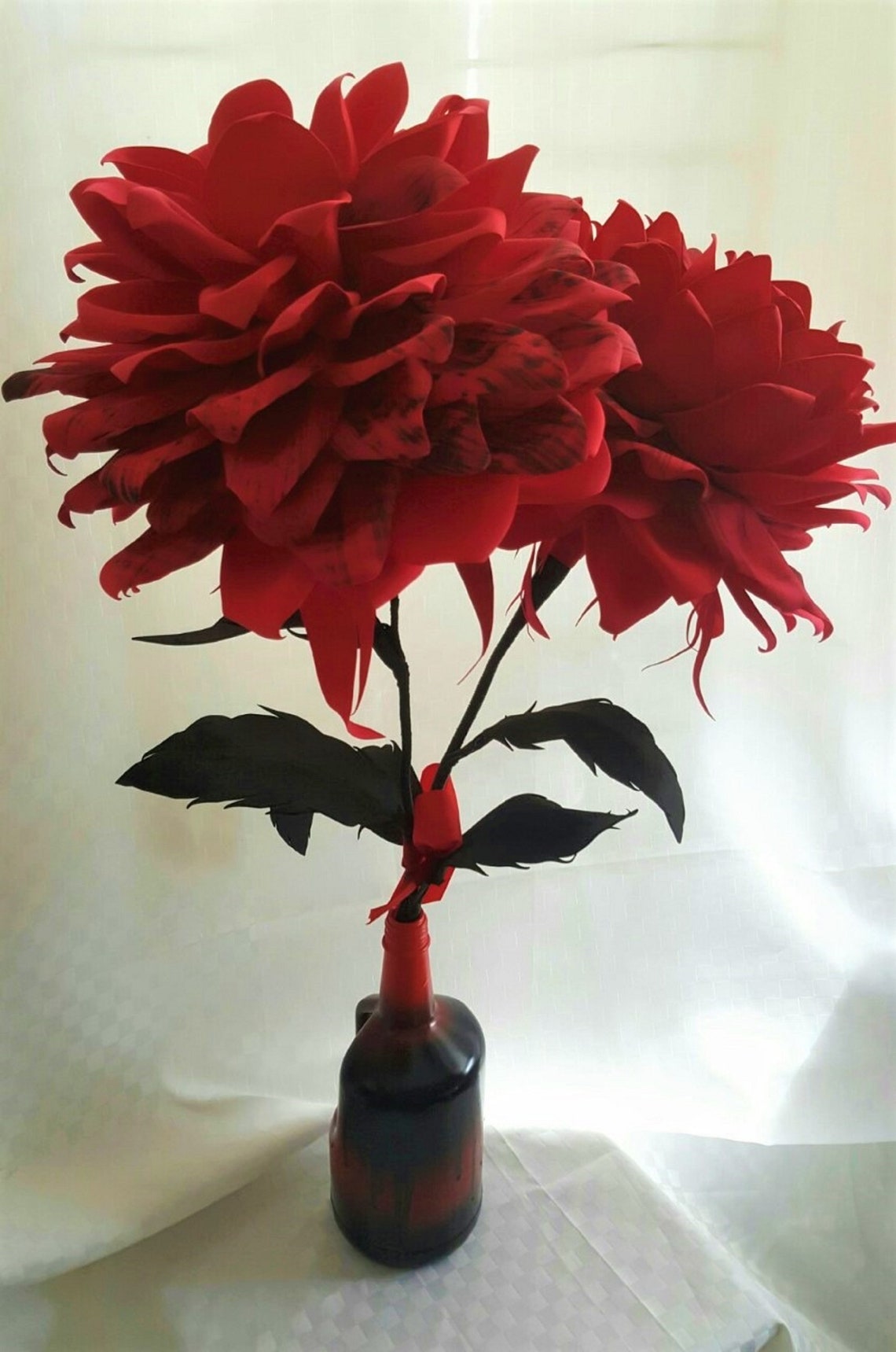 Large Two 10 in Diameter Foam Dahlia Flowers on Stem in a Handmaid Vase ...