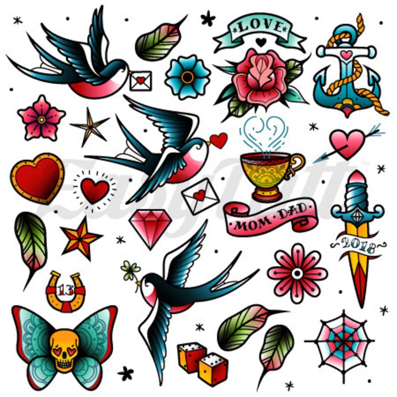 Tradicional Retro tatuajes temporales tatuajes temporales - Etsy España