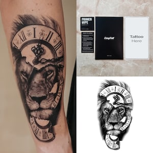 May include: Black and white temporary tattoo design of a lion's head with a clock face superimposed over it. The clock face is broken and the lion's head is peeking through the cracks.
