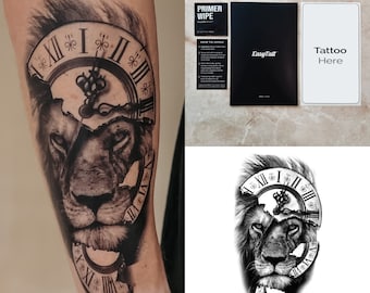 Temporary Tattoos Long Lasting Quality Realistic Temp Tattoo Sheets – Lion Clock - Organic Ink Waterproof High Quality Fake Tattoos