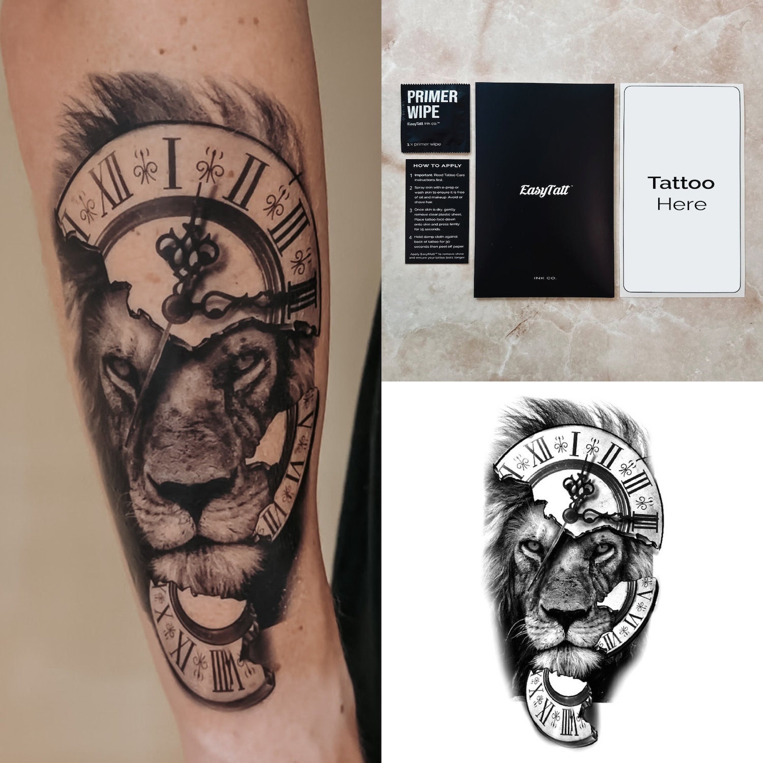 Lion and Clock Tattoo Design UK