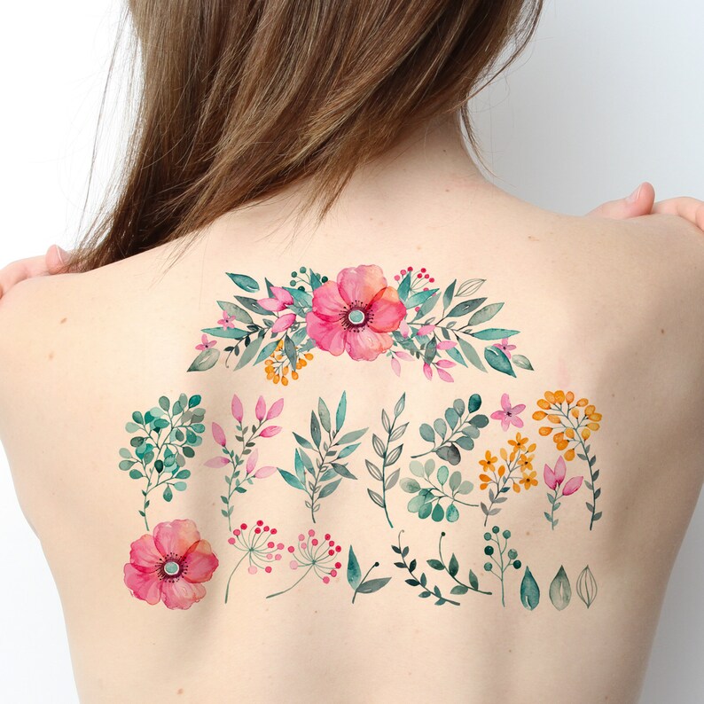 Watercolor Floral Temporary Tattoos Flower Tattoo Etsy