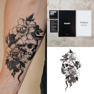 Temporary Tattoos Long Lasting Quality Realistic Temp Tattoo Sheets – Skull Snake - Organic Ink Waterproof High Quality Fake Tattoos