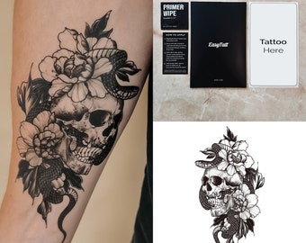 Temporary Tattoos Long Lasting Quality Realistic Temp Tattoo Sheets – Skull Snake - Organic Ink Waterproof High Quality Fake Tattoos