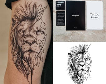 Temporary Tattoos Long Lasting Quality Realistic Temp Tattoo Sheets – Geometric Lion - Organic Ink Waterproof High Quality Fake Tattoos