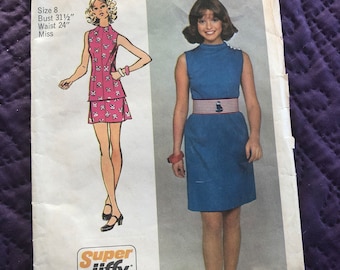 Simplicity super jiffy dress pattern  size 8 junior waist 24" complete so totally vintage 1972