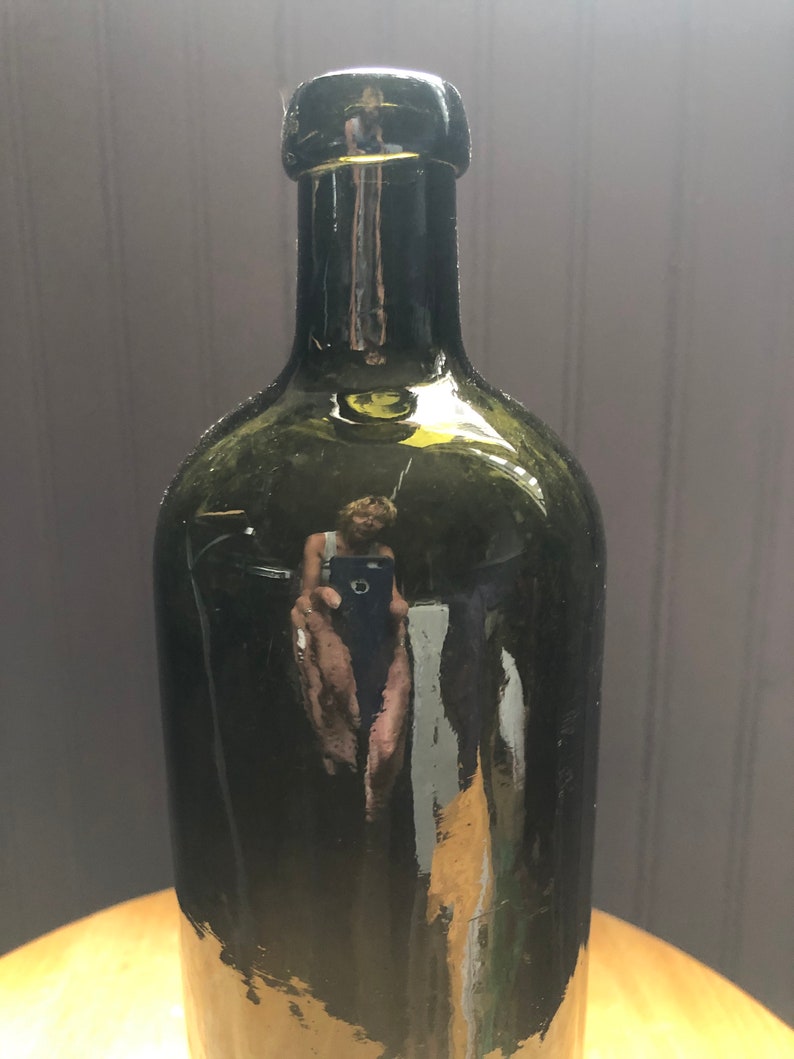 Olive Green Glass Saxlehner's Bitterquelle Vintage Bottle in Fantastic