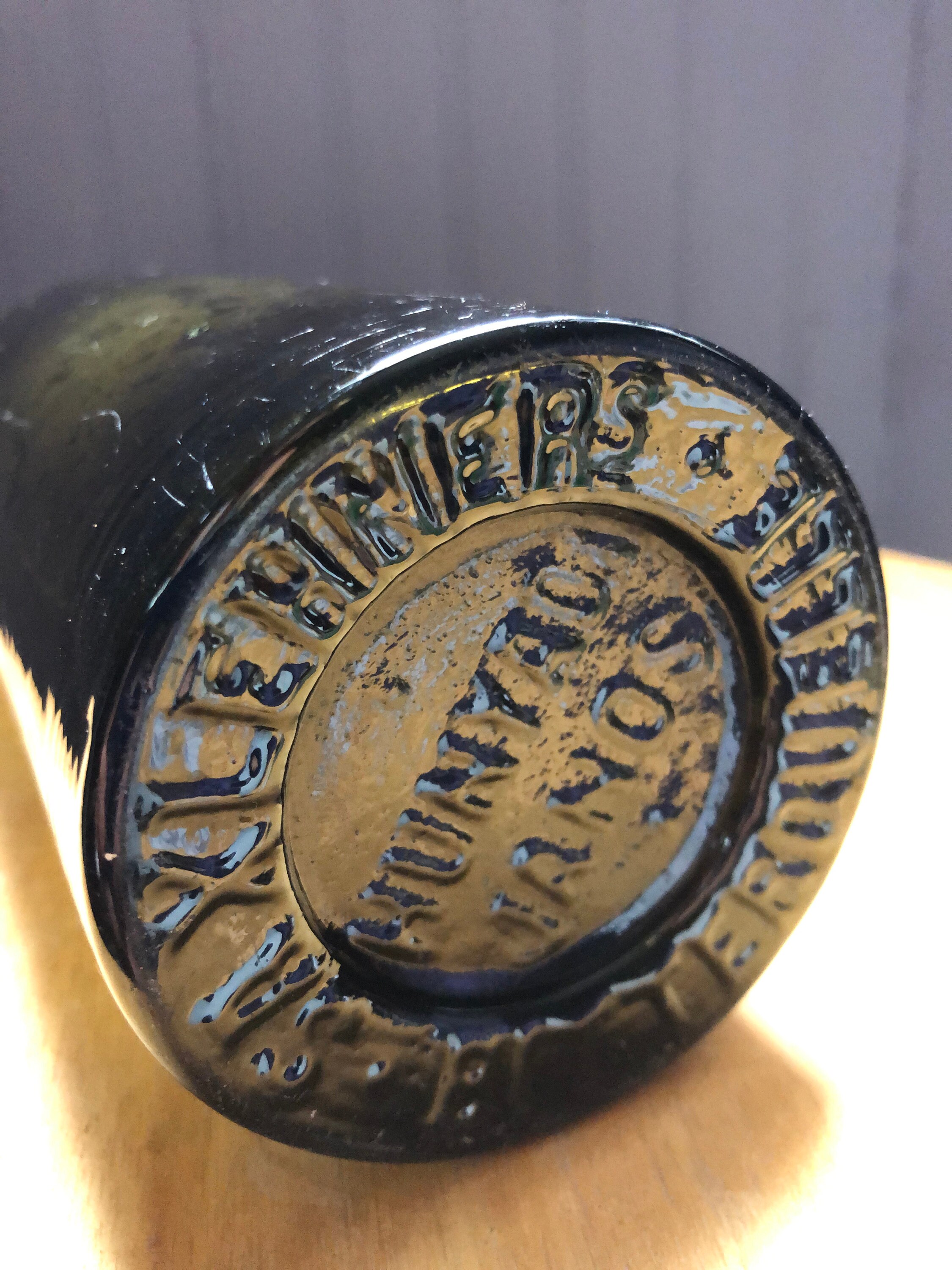 Olive Green Glass Saxlehner's Bitterquelle Vintage Bottle in Fantastic