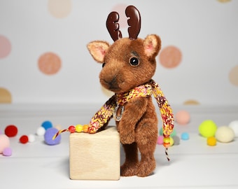 Handmade Moose Plush, Mini Jointed Teddy Toy, OOAK Stuffed Animal, Cute Forest Plush, Artist Collectible Gift