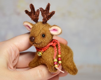 Mini Teddy Deer, Handmade Jointed Reindeer Toy, OOAK Tiny Plush Animal, Collectible Art Doll