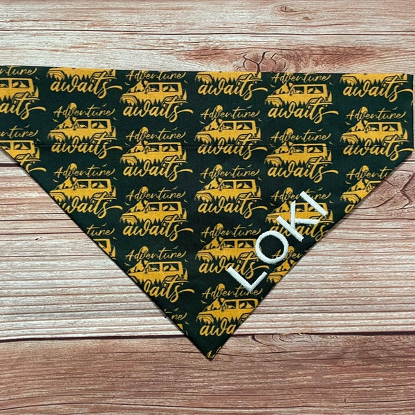 Adventure awaits bandana , 4x4 dog bandana, off-road  bandana, paw print personalized dog bandana, leather name tag, over the collar bandana