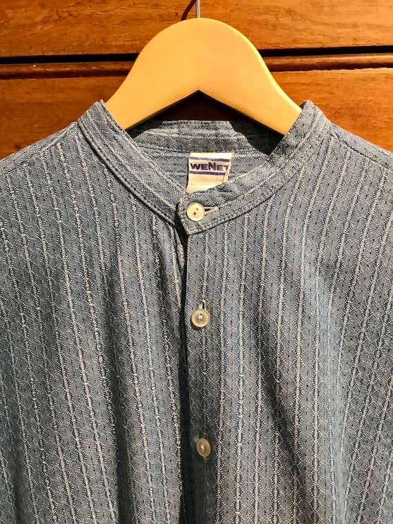 60s blue striped heavy cotton collarless shirt