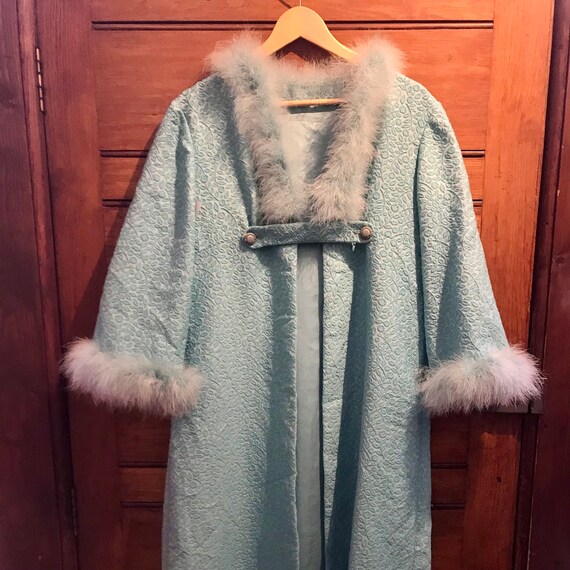 1960s sky blue marabou feather trim full length ro
