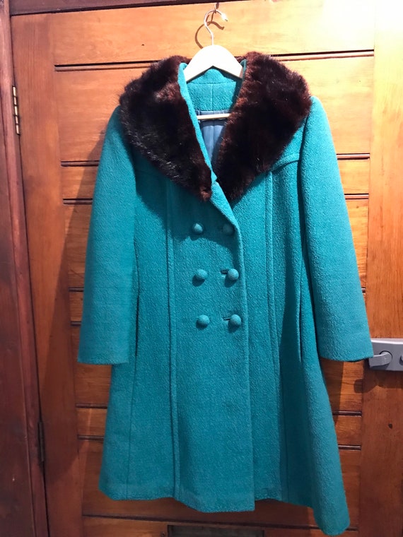 1960s teal bouclé wool coat with fur collar