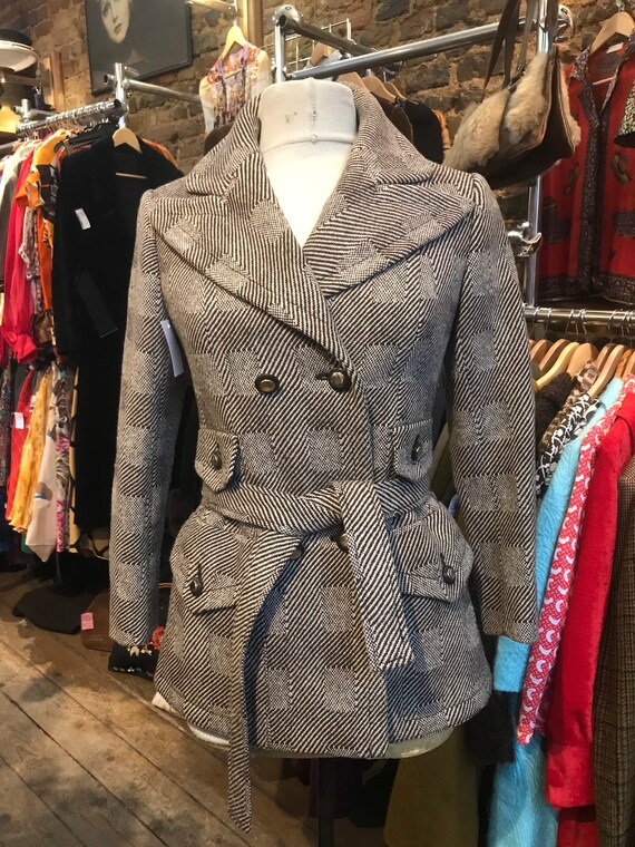 STUNNING 1970s Italian Choc/Stripes Tweed Mini Coa