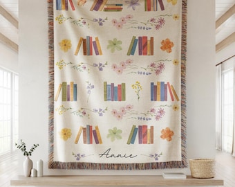 Personalized Vintage Bookshelf Library Blanket, Cottagecore Book Lover Throw, Floral Bookish Gift For Reader, Personalized Baby Name Blanket