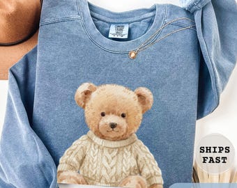 Watercolor Vintage Teddy Bear Shirt: Comfort Colors® Sweatshirt Gift for Mom Friend, Trendy Bear Lover Tee, Cozy Winter Sweatshirt