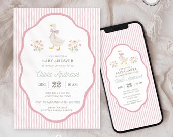 Convite personalizado para chá de bebê com tema de ganso bobo, modelo editável, listras rosa, coquete, para imprimir ou imprimir.
