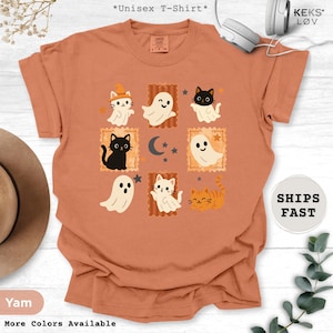 halloween-cat-and-ghost-comfort-colors-shirt, retro-spooky-season-tee, cute-black-cat-ghost-graphic-top, fall-halloween-gift-for-women