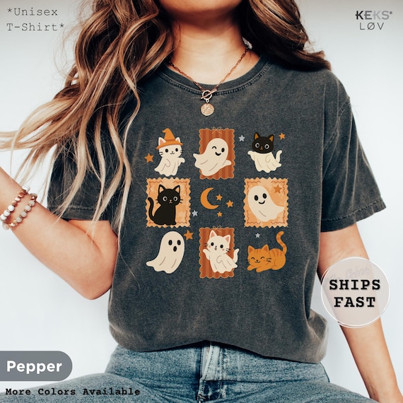 Halloween Cat and Ghost Comfort Colors® Shirt, Retro Spooky Season Shirt, Cute Black Cat Ghost Graphic Top Tee Fall Halloween Gift For Women