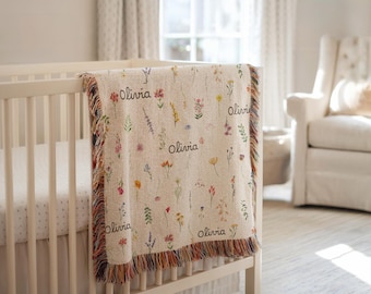 Personalized Wildflower Baby Blanket: Newborn Custom Name Baby Shower Gift, Nursery Decor Woven Throw