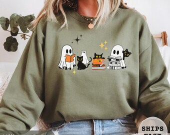 Halloween Cat Ghost Book Sweatshirt, Halloween Book Lover Gift Spooky Season Sweater, Cat Lover Crewneck, Halloween Teacher Ghost Sweatshirt