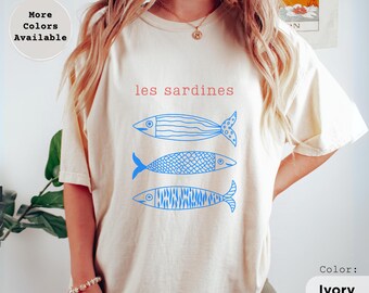 Sardines Shirt Women Plus Size Summer Coastal Shirt Vacation Beach Casual Shirt Cotton T-Shirt Fish French Shirt Girl Ocean Inspired Style