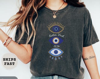 Personalized Boho Evil Eye Shirt: Turkish Greek Eye Graphic Tee Spiritual Tshirt Good Luck Gift for Her ComfortColors® Aesthetic Santorini
