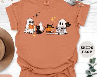 Ghost Black Cat Reading Books Shirt, Halloween Book Lover Tee, Spooky Season T, Gift for Cat Lover Shirt, Teacher Ghost Shirt, Halloween Tee