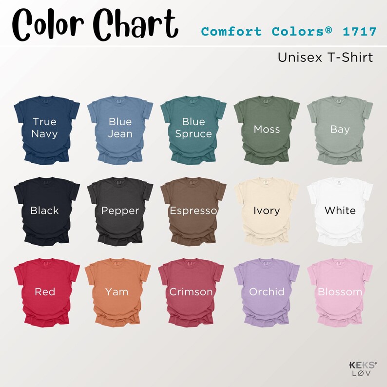 Pode incluir: Tabela de cores de camisetas unissex Comfort Colors 1717. A tabela mostra v&aacute;rias cores, incluindo True Navy, Blue Jean, Blue Spruce, Moss, Bay, Black, Pepper, Espresso, Ivory, White, Red, Yam, Crimson, Orchid e Blossom.