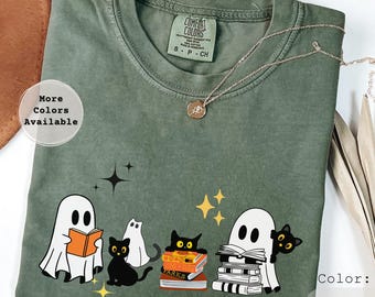 Comfort Colors® Halloween Cat Ghost Shirt, Spooky Season Tee, Book Lover Gift, Cute Fall Outfit, Black Cat Reading Tshirt, Mom Book Club Tee