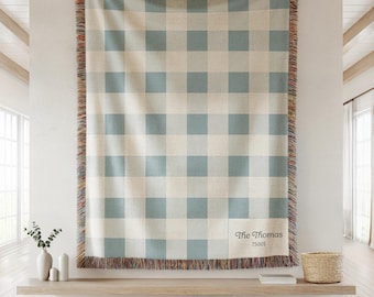 Personalized Woven Plaid Throw Blanket, Modern Checkered Unique Gift for Wedding Engagement Anniversary Grandma, Family or Couple Last Name