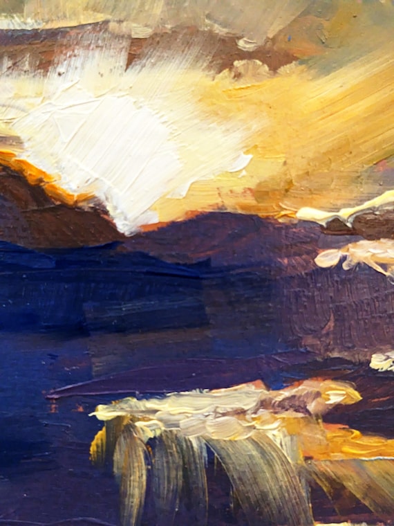 Sunset Over Dillion Reservoir, Original Oil on Board, 6x6 Mini Art