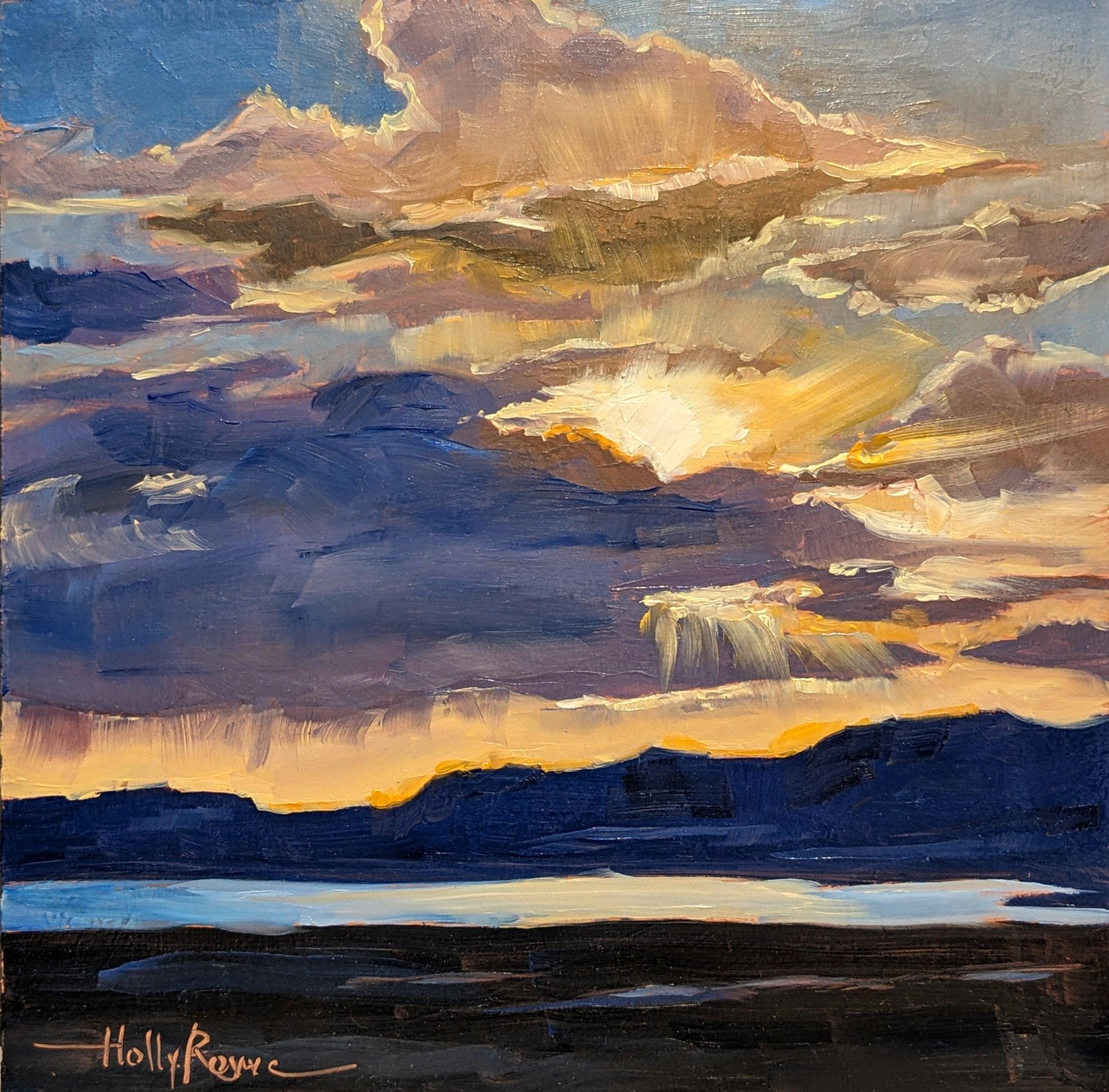 Dove、Lake Afternoon、希少画集画、新品額付 Sunset Over Dillion Reservoir, Original Oil on Board, 6x6 Mini Art