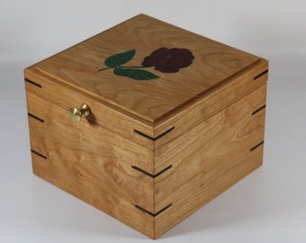 2155 Handcrafted solid cherry keepsake box with inlaid rose
