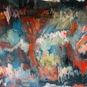 May include: An abstract painting featuring layered brushstrokes in deep navy blue, vibrant orange, soft pink, and muted grey. The composition includes textured paint application with visible markings and the text INNER LANDSCAPE I on the right side.