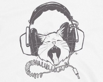 Cat wearing headphones, grey line art version, unisex tee