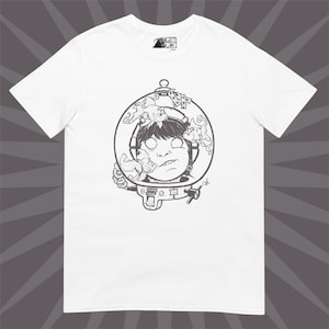 Astronauta y pez alienígena, versión de arte lineal gris, camiseta unisex de manga corta