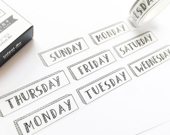 Week Washi Tape 15mm/ Days of the Week Washi Tape/ Black and White Washi/ Bullet Journal Washi Tape/ Masking Tape/ Decorative Tape