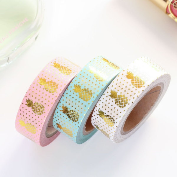 Pineapple Gold Foil Washi Tape Set 15mm/ Pastel Mint Green, Pink, White