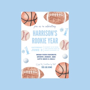 Watercolor Boys First "Rookie Year" Sports Birthday Invitation | Personalized All Star Sports 1st Birthday Invite | Digital Download