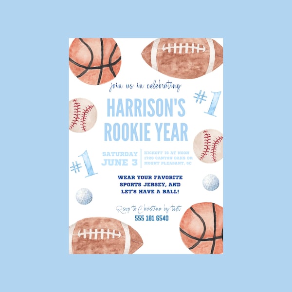 Watercolor Boys First "Rookie Year" Sports Birthday Invitation | Personalized All Star Sports 1st Birthday Invite | Digital Download