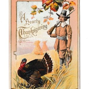 Postal festiva en relieve de un peregrino cazando un pavo en Acción de Gracias, c.1910