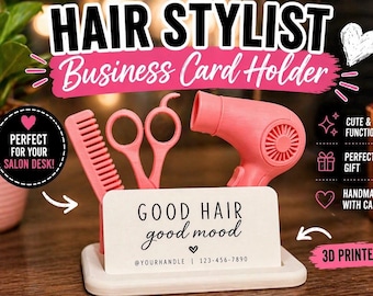 3D Printed Hair Stylist Business Card Holder | Comb Scissors Blow Dryer Salon Desk Organizer