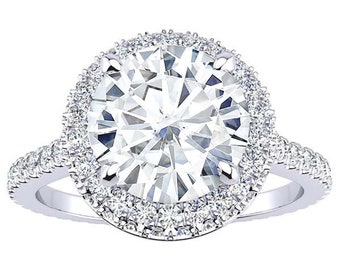 Custom Forever Brilliance Karissa 14k Gold 2.00ct Round Forever One Moissanite Double Edge Diamond Halo Diamond Band Engagement Ring