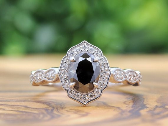 Black Diamond Vintage Floral Diamond Engagement Ring Set - Etsy