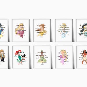 Complete Disney Princess Watercolor Print, Scripture, Christian, Silhouette, Little Girls Room, Disney Princess Room, Disney Girls Artwork