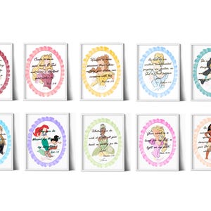 Complete Disney Princess Watercolor Print, Scripture, Christian, Silhouette, Little Girls Room, Disney Princess Room, Disney Girls Artwork